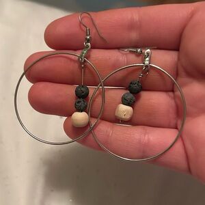 Silver Hoop Earrings with Black and Cream Beads